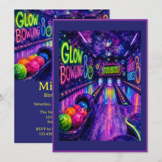 Invitación Glow Bowling Acuarela Fiesta de Cumpleaños Adolesc