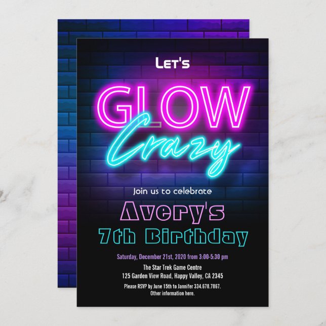 Invitación Glow In The Dark Pink Birthday Party Invitation (Anverso / Reverso)
