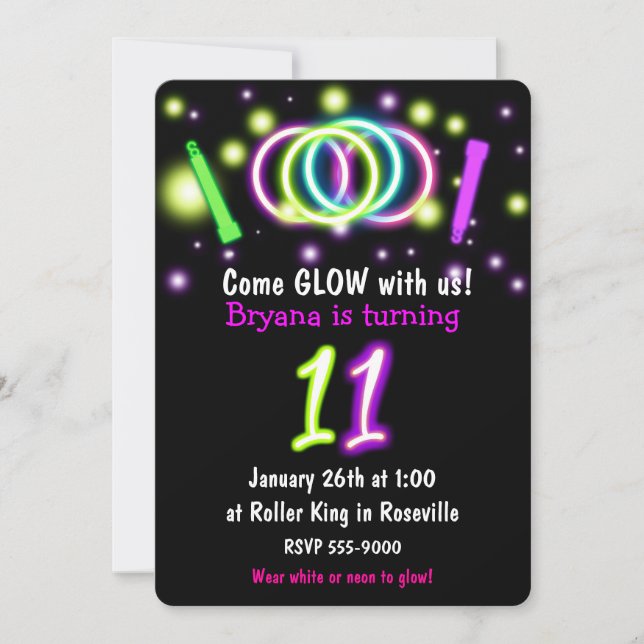 Invitación GLOW Lights 11th Birthday Party Age 11 Invitation (Anverso)