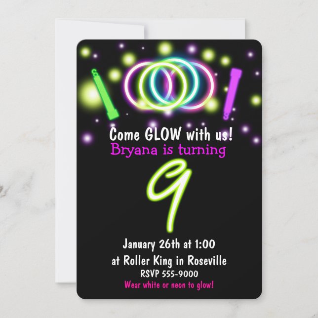 Invitación GLOW Luces Novena Fiesta de Cumpleaños Edad 9 Invi (Anverso)