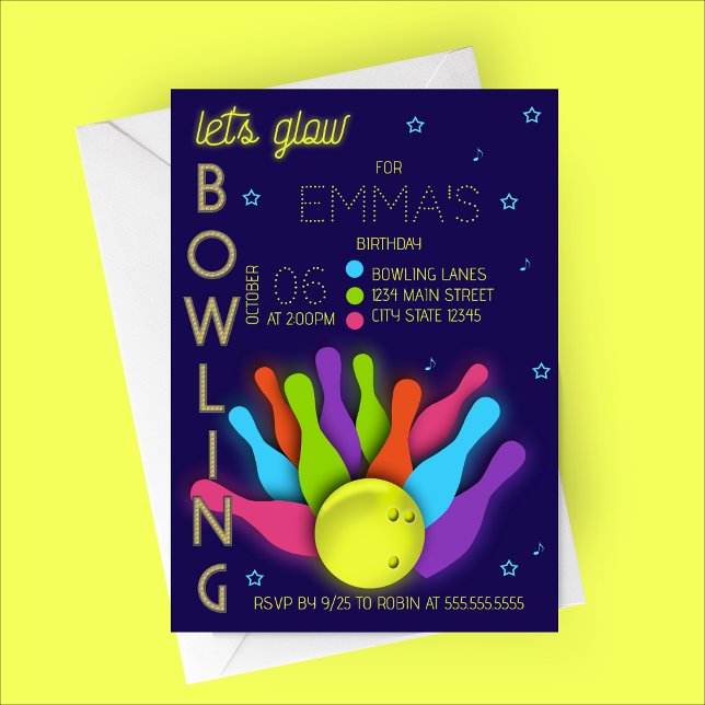 Invitación Glow Neon Bowling Birthday Invitation (Let's Glow Bowling | Cosmic Bowling Birthday Party Invitation)