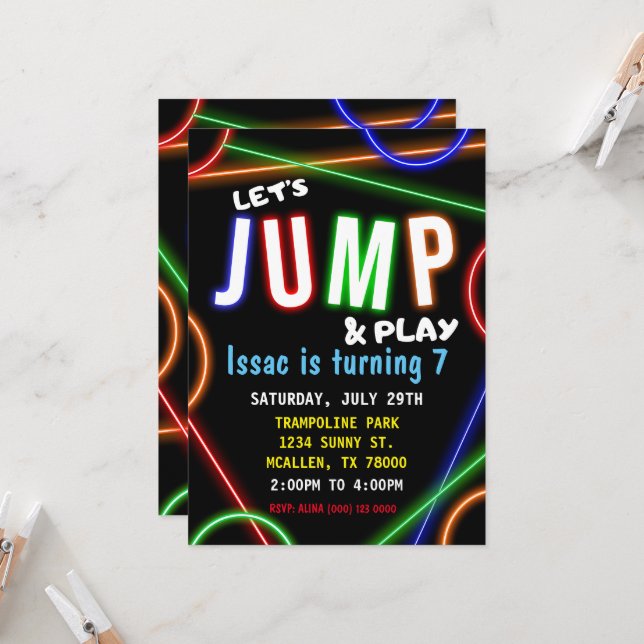 Invitación Glow Neon Let's Jump Birthday Party Invitation (Anverso/Reverso In Situ)