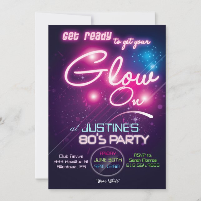 Invitación Glow Party Ochenteros 80s (Anverso)