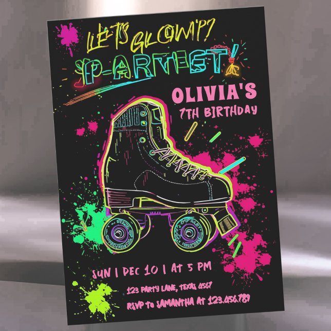 Invitación Glow Roller Skating Birthday | Neon Party (Subido por el creador)