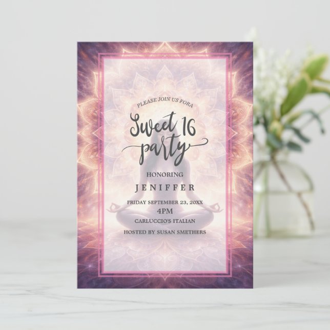 Invitación Glowing Mandala Meditation Woman (Anverso de pie)