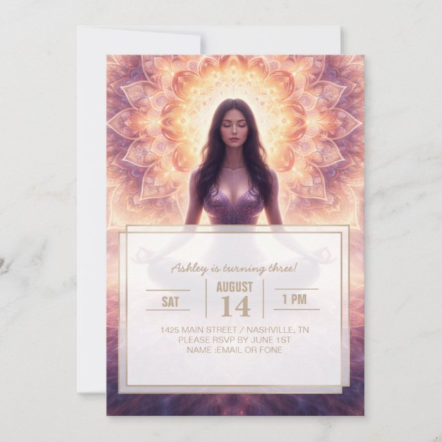 Invitación Glowing Mandala Meditation Woman Custom Name       (Anverso)