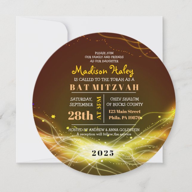 Invitación GLOWING NEON STARS Bat Mitzvah Invitation GOLD (Anverso)