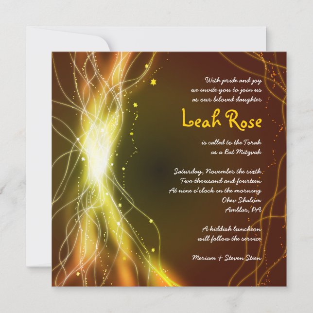 Invitación GLOWING NEON STARS Bat Mitzvah Invitation GOLD (Anverso)