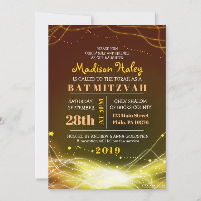 Invitación GLOWING NEON STARS Bat Mitzvah Invitation GOLD (Anverso)