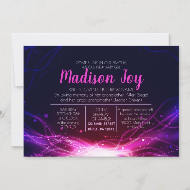 Invitación GLOWING NEON STARS Jewish Baby Naming Invitation (Anverso)