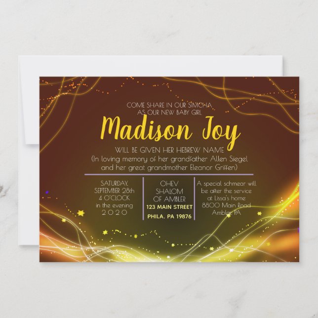 Invitación GLOWING NEON STARS Jewish Baby Naming Invitation (Anverso)