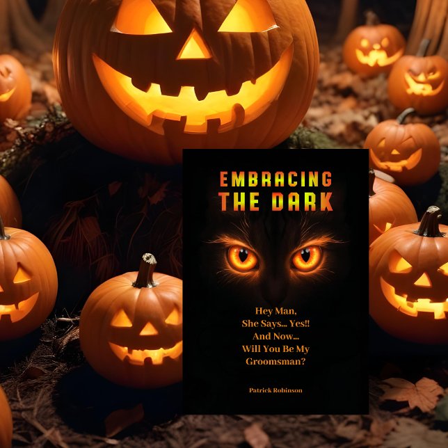 Invitación Glowing Orange Eyes Halloween Groomsmen Proposal (Glowing Orange Eyes Halloween Groomsmen Proposals Cards.)