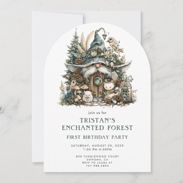 Invitación Gnome forestal encantado 1er cumpleaños (Anverso)