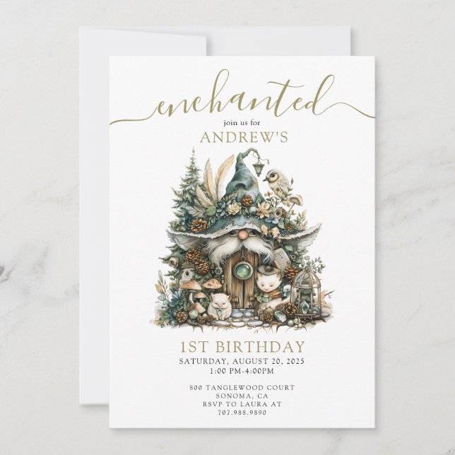Invitación Gnome forestal encantado 1er cumpleaños (Anverso)