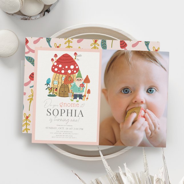 Invitación Gnome Garden Mushroom Pink 1er cumpleaños Foto (Subido por el creador)