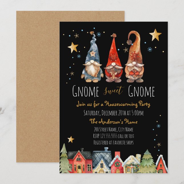 Invitación Gnome Sweet Gnome Fiesta de calentamiento de la ca (Anverso / Reverso)