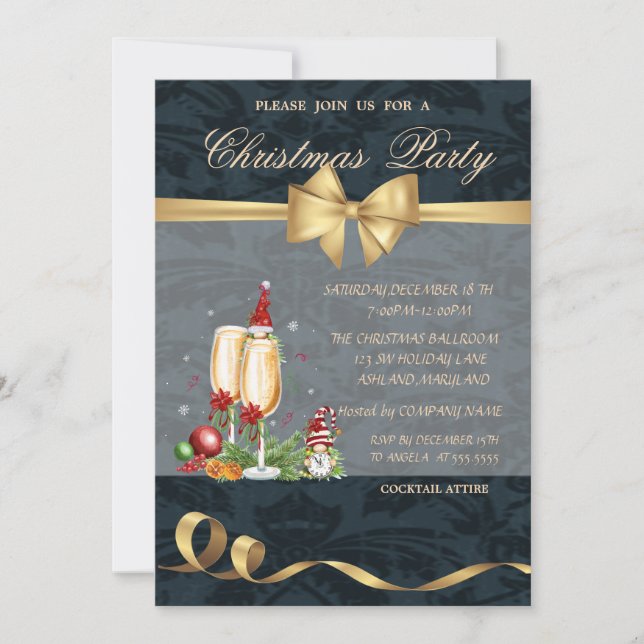 Invitación Gnomes, Glass de Champagne, Fiesta de Navidades Bo (Anverso)