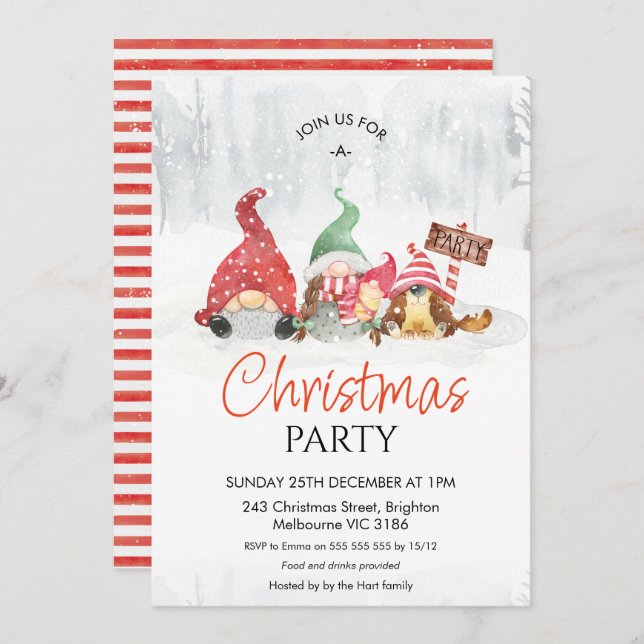 Invitación Gnomis con Fiesta de Navidades familiares de bebés (Anverso / Reverso)