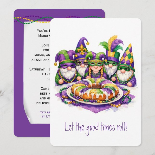 Invitación Gnomo de Mardi Gras con Rosca de Reyes (Anverso / Reverso)