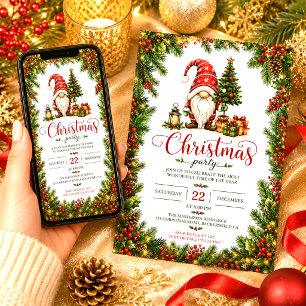 Invitación Gnomo de Navidad Rojo Bayas de Acebo Árbol Navidad