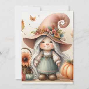 Invitación gnomo de otoño y texto de caligrafía de acuarela d