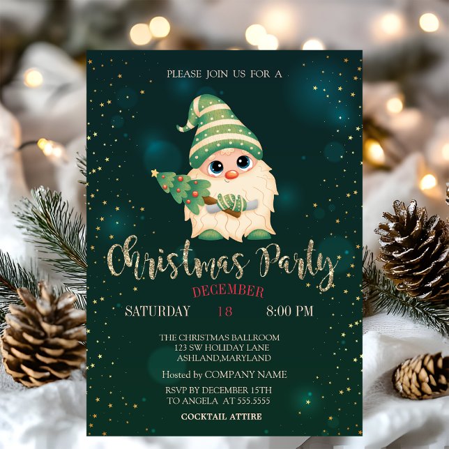 Invitación Gnomo Pino de Navidad, Estrellas Fiesta de Navidad (Subido por el creador)