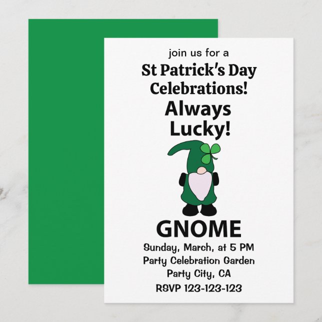 Invitación Gnomo Trébol de la Suerte Día de San Patricio Gnom (Anverso / Reverso)