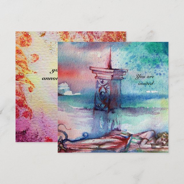 Invitación GNOMON Y DAMA DE LA acuarela azul rosada del LAGO (Anverso / Reverso)