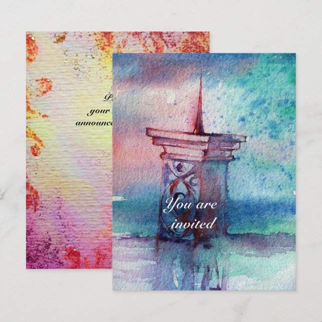 Invitación GNOMON Y DAMA DE LA acuarela azul rosada del LAGO (Anverso / Reverso)