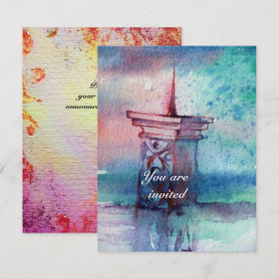 Invitación GNOMON Y DAMA DE LA acuarela azul rosada del LAGO