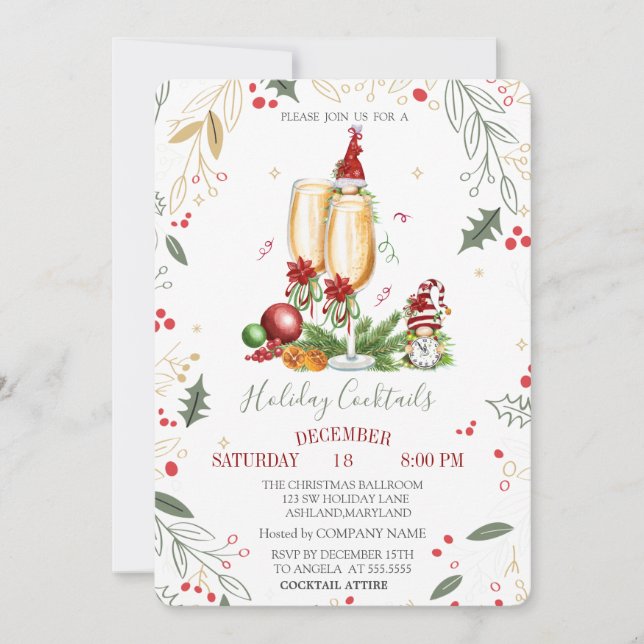 Invitación Gnomos Copa de Champagne Bolas Empresa Navidad  (Anverso)