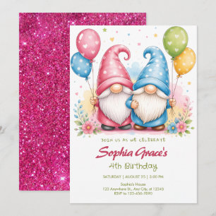 Invitación Gnomos felices y coloridos con globos