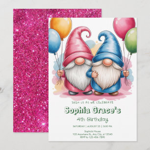 Invitación Gnomos felices y coloridos con globos