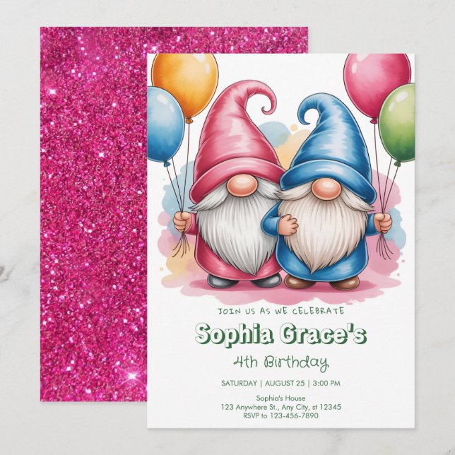 Invitación Gnomos felices y coloridos con globos (Anverso / Reverso)