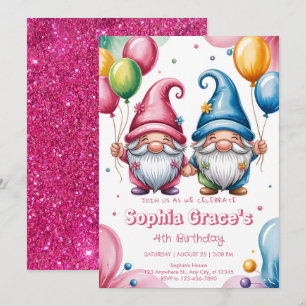 Invitación Gnomos felices y coloridos con globos