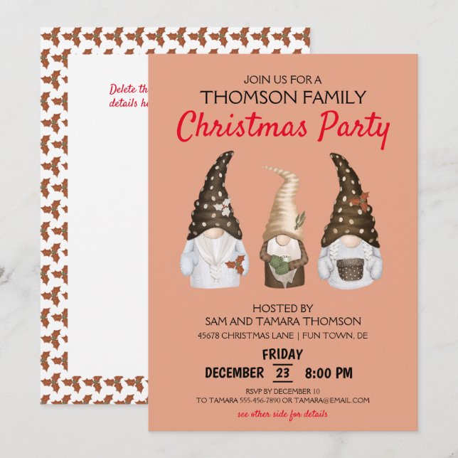Invitación Gnomos Navideños Modernos Fiesta de Coral de Navid (Anverso / Reverso)