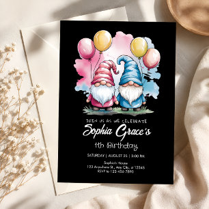 Invitación Gnomos rosados y azules con globos de fiesta