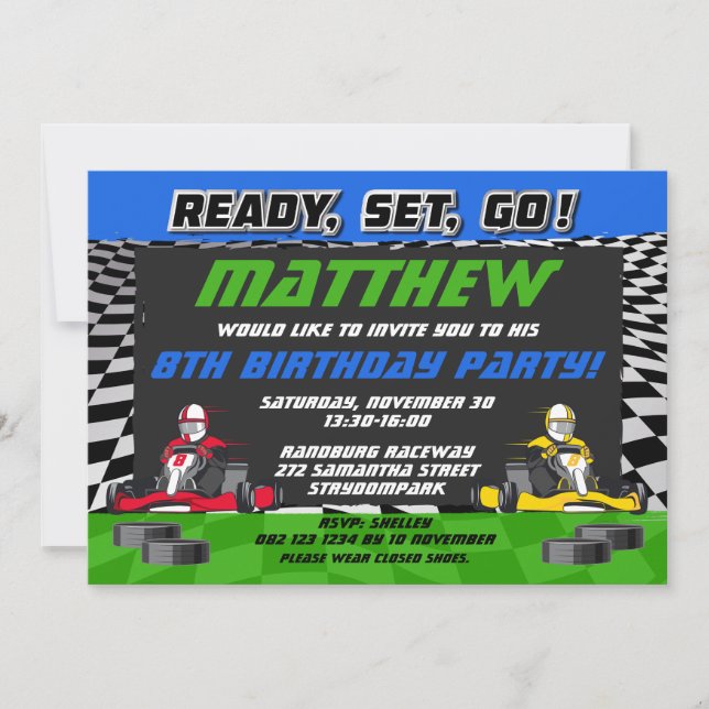 Invitación Go Kart Carreras Car Birday Party (Anverso)