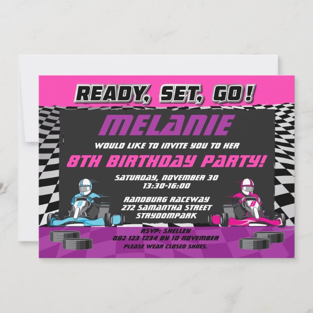 Invitación Go Kart Carreras Car Birday Party (Anverso)