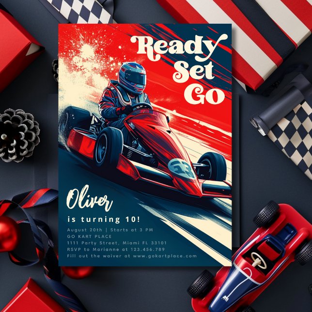 Invitación Go Karting Go Kart Carreras Car Boy Fiesta de Cump (Go Kart Karting Racing Birthday Invitation)