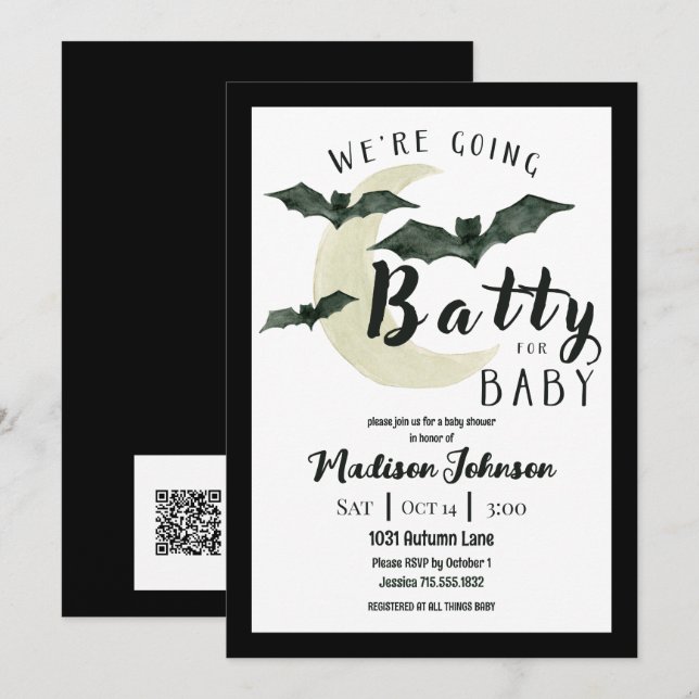Invitación Going Batty For Baby October Baby Shower QR Code (Anverso / Reverso)