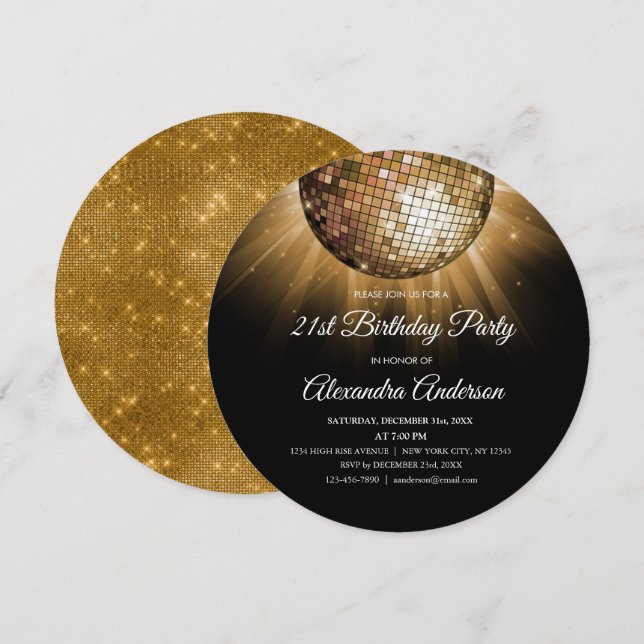 Invitación Gold 21st Birthday Fiesta Gold Disco Ball (Anverso / Reverso)