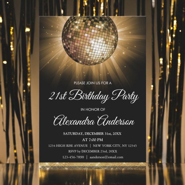 Invitación Gold 21st Birthday Fiesta Gold Disco Ball (Subido por el creador)