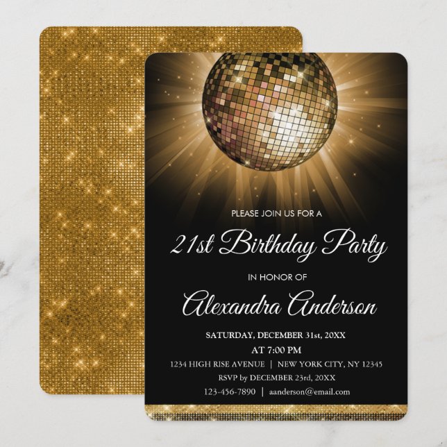 Invitación Gold 21st Birthday Fiesta Gold Disco Ball (Anverso / Reverso)