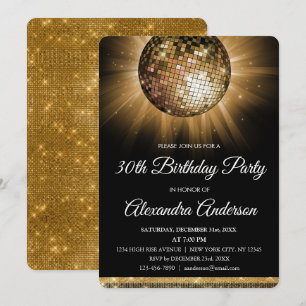 Invitación Gold 30.ª Fiesta de cumpleaños Gold Disco Ball