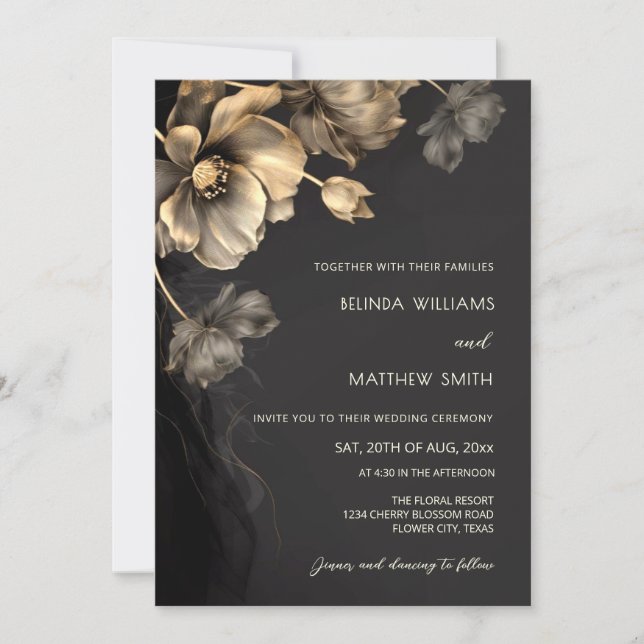 Invitación Gold 3D Flowers Black Wedding Invitation (Anverso)