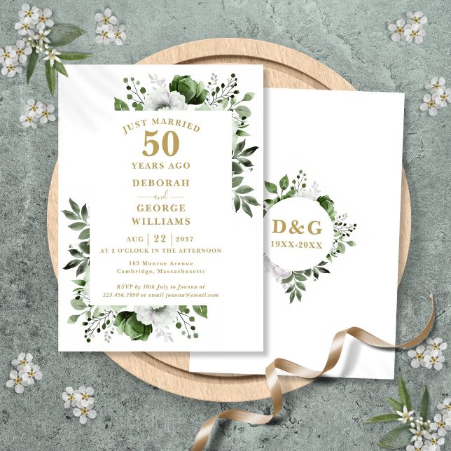 Invitación Gold 50th Wedding Anniversary Monogram Floral (Gold 50th Wedding Anniversary Monogram Floral Invitation)