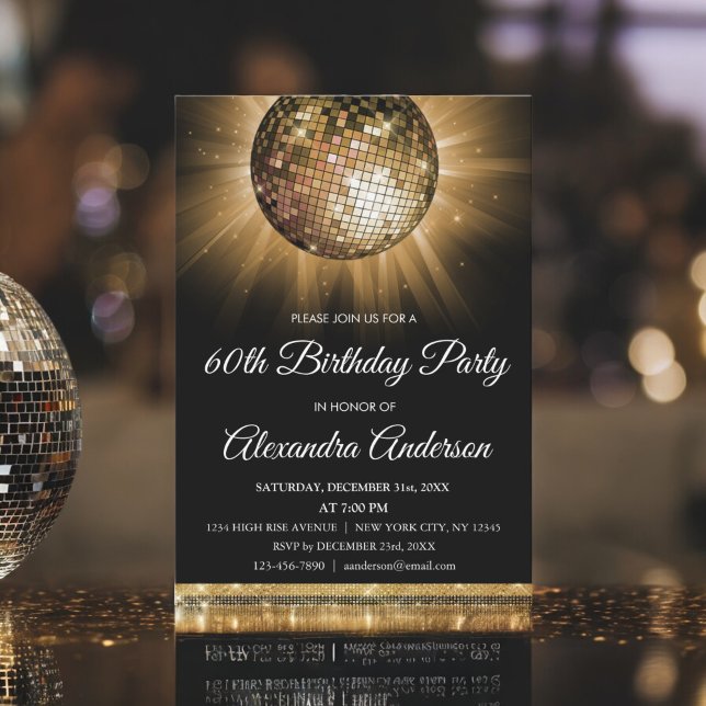 Invitación Gold 60.ª fiesta de cumpleaños Gold Disco Ball (Subido por el creador)