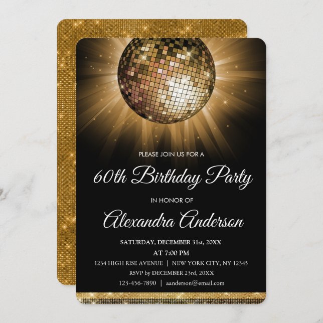 Invitación Gold 60.ª fiesta de cumpleaños Gold Disco Ball (Anverso / Reverso)