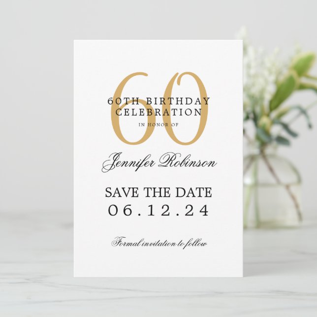 Invitación Gold 60th Birthday Party Save Date con detalles (Anverso de pie)